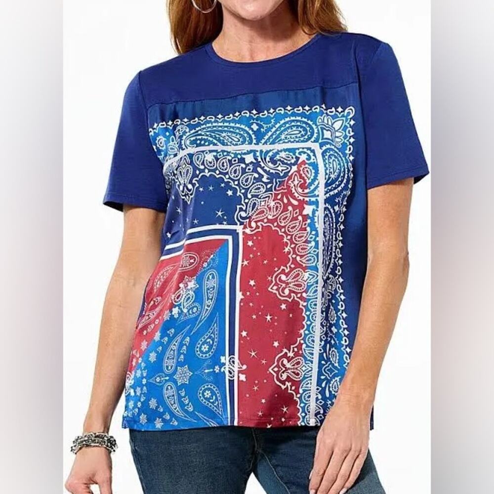DG2 Diane Gilman Paisley Print Navy Blue Mixed Media Chiffon Knit Top Tee M NWT